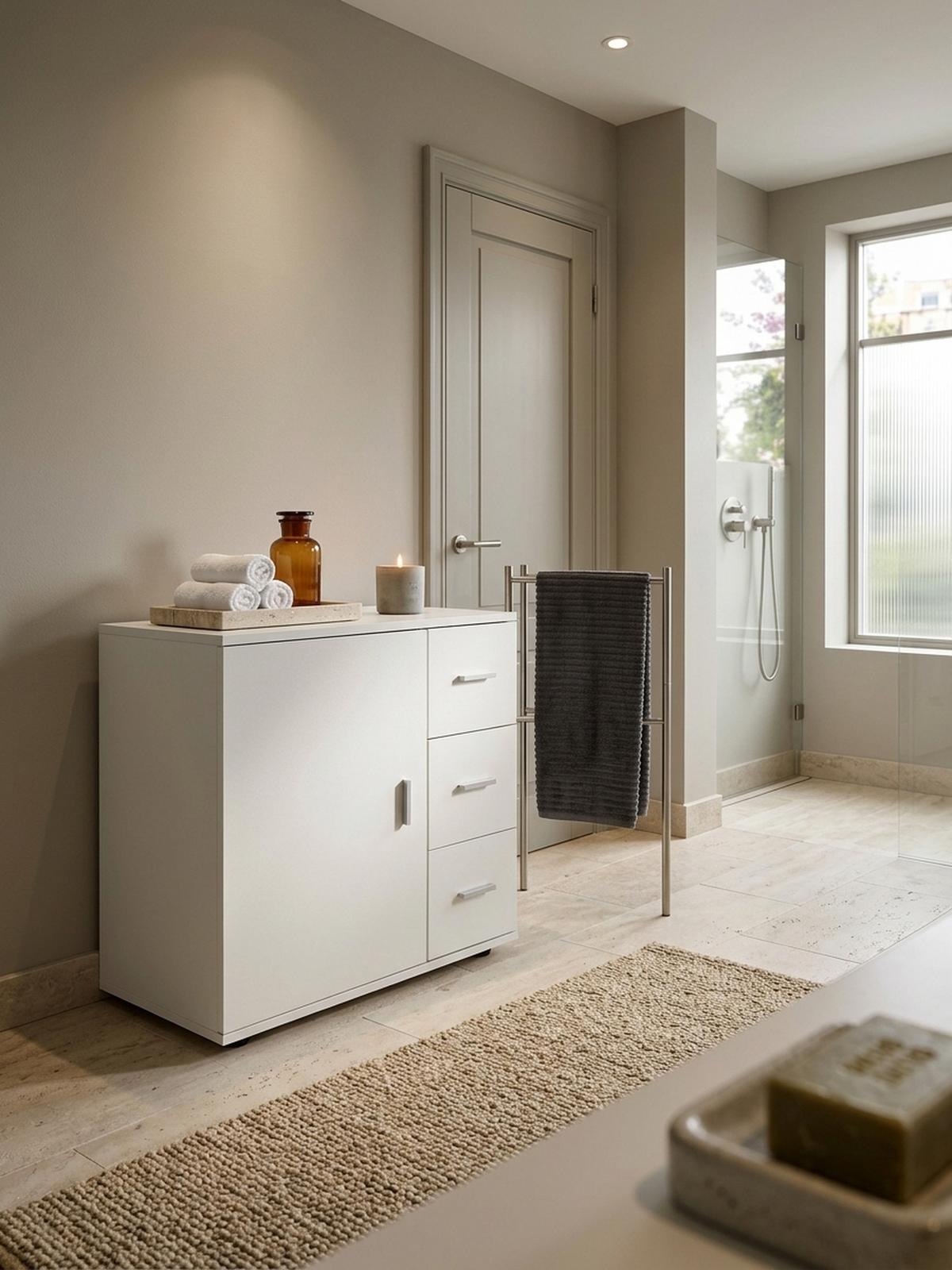 BADSCHRANK Weiß 60x65,5x33 cm mit großem Stauraum in matter Ausführung - Schwarz/Weiß, Holz (60/66/33cm) - KADIMA DESIGN