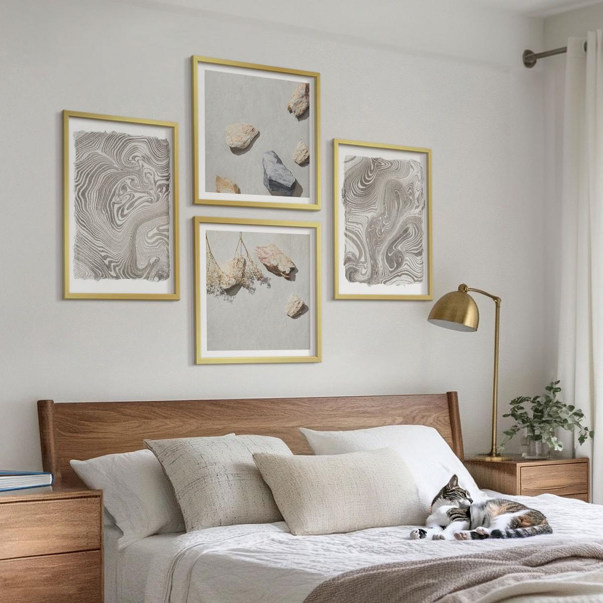 BILDER SET 4er Set - 50x50 cm & 40x60 cm Goldrahmen - Moderne abstrakte Formen - Goldfarben, Kunststoff (50/50cm) - TULUP