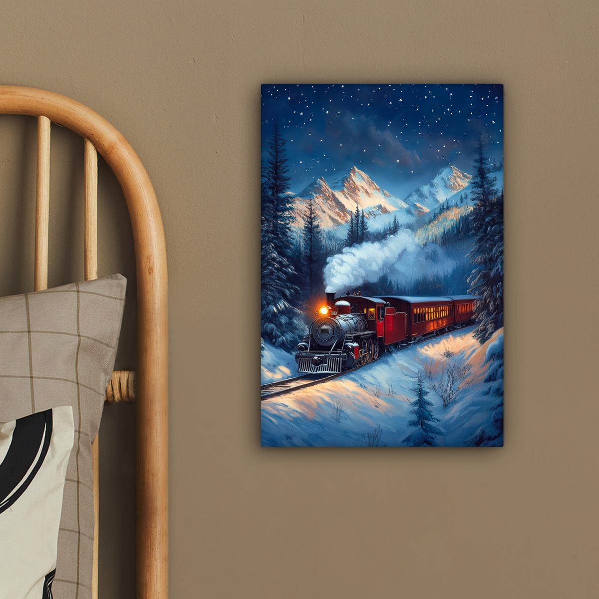 LEINWANDBILD Zug - Weihnachten - Schnee - Weihnachtszug Deko Wohnzimmer 20x30 cm - Anthrazit, Textil (20/30cm) - MuchoWow