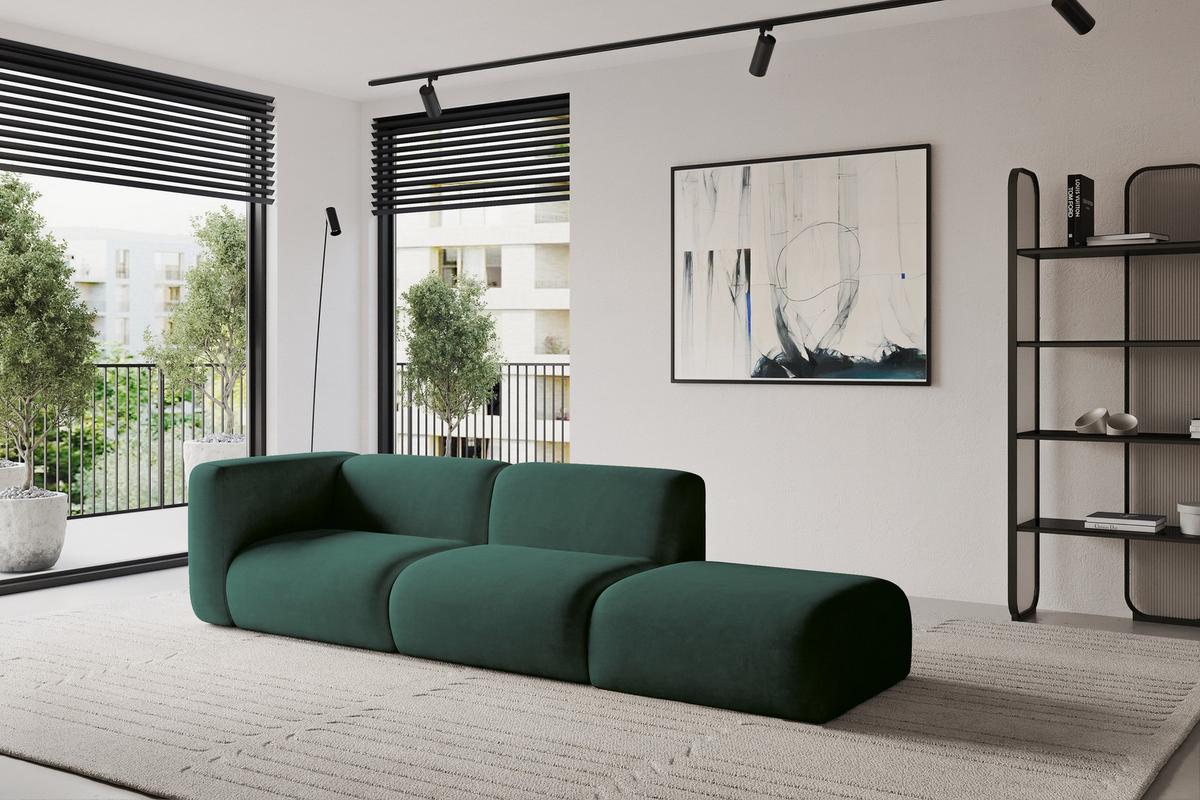 SOFA Ottomane Links MIRA-S3 296x89x70 Grün Velours - Dunkelgrün/Schwarz, Holzwerkstoff/Kunststoff (296/70/89cm) - ALTDECOR