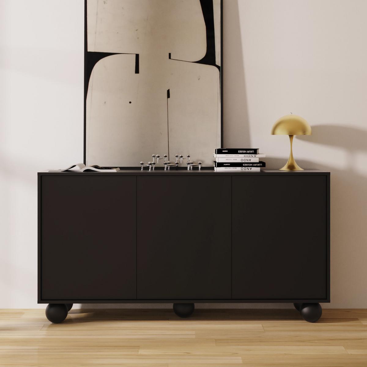 KOMMODE Adel mit 3 Türen und runden Füßen, 154 cm, Griffloss, Schwarz - Schwarz, Holzwerkstoff (154/81/38cm) - Beautysofa