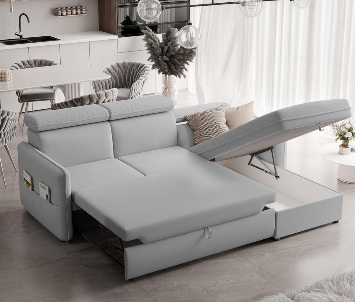 ECKSOFA BENI mit Schlaffunktion und Bettkasten, Stoff Hellgrau - Hellgrau, Kunststoff/Textil (220/160cm) - Idohome