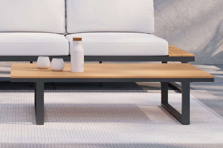Loungegarnitur rechteckig Tischplatte Kunststoff Holzoptik naturfarben Gestell Eisen pulverbeschichtet schwarz