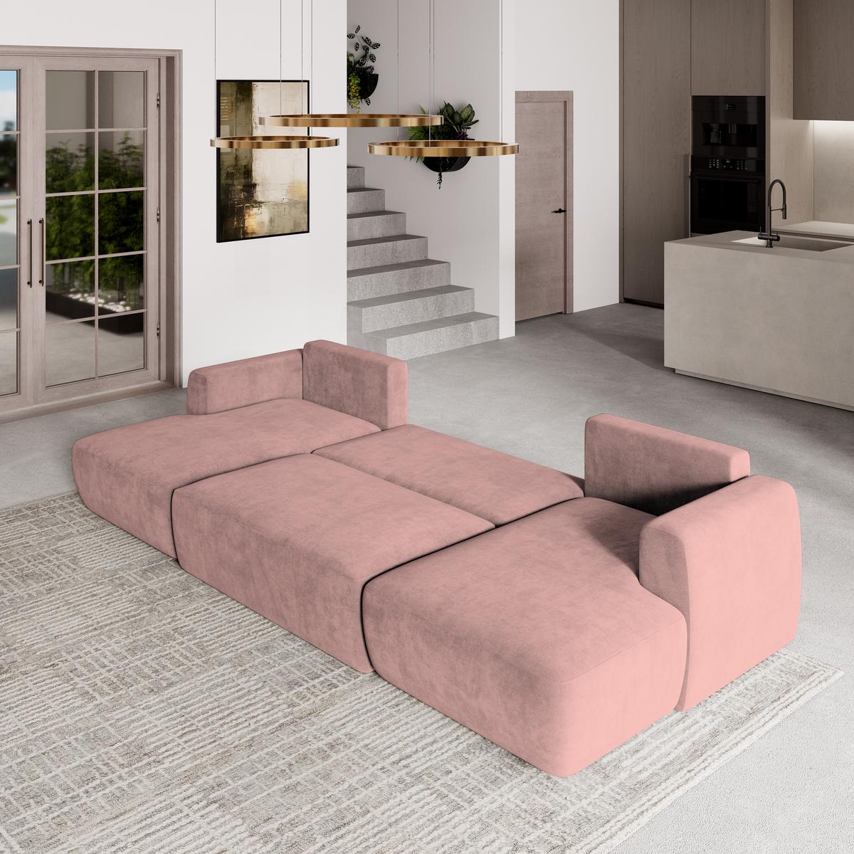 WOHNLANDSCHAFT SENTUM K Rosa Plüsch-Stoff mit Schlaffunktion - Schwarz/Rosa, Holz/Kunststoff (330/90/148cm) - MASSENO
