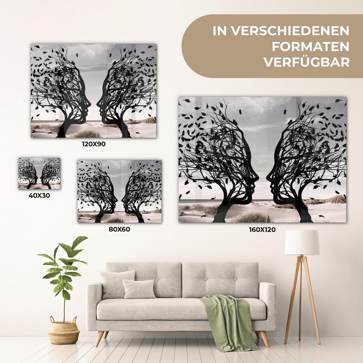 ACRYLGLASBILD Strand - Meer - Menschen - Baum - Moderne Kunst 80x60 cm - Hellgrau, Glas (80/60cm) - MuchoWow