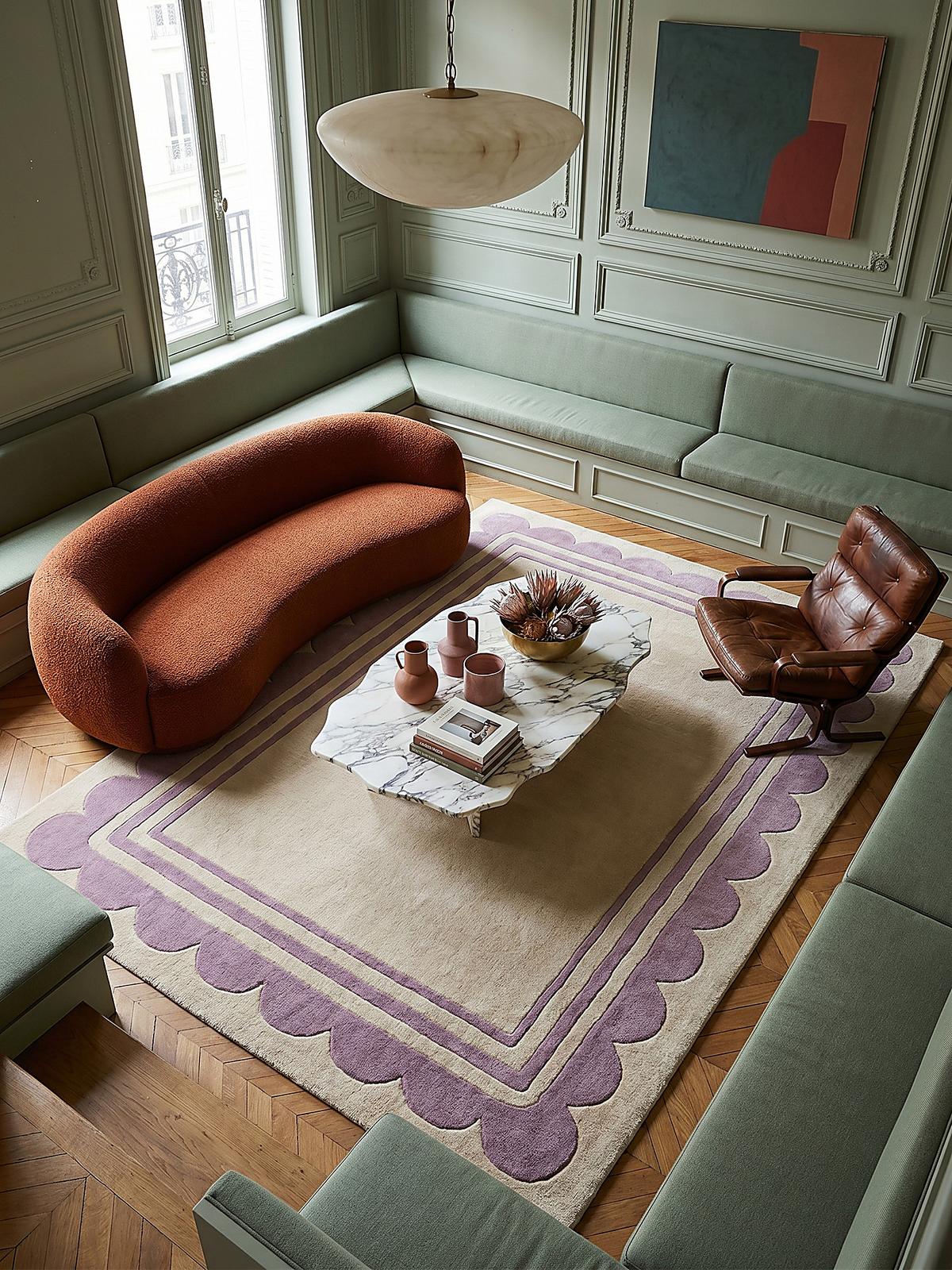 WOLLTEPPICH WENSUM, mit grafischem Muster mit Rahmen, Lila-Beige, 120 x 170 cm - Lila, Textil (170/120cm) - KADIMA DESIGN