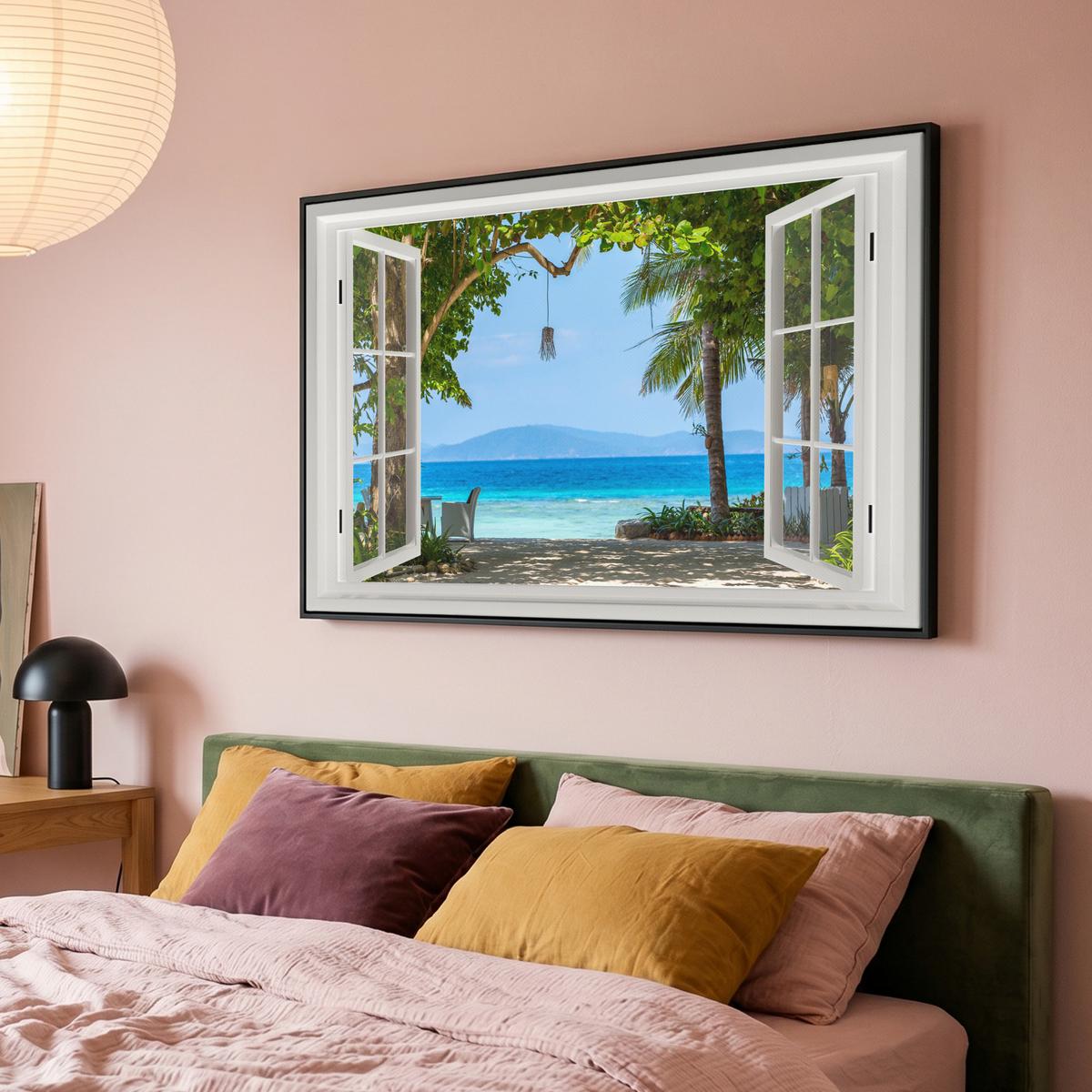 LEINWAND Bilder mit Rahmen - Aussicht - Baum - Meer - Palme - Hügel - Strand - Blau - 140x90 - Blau, Textil (140/90cm) - MuchoWow