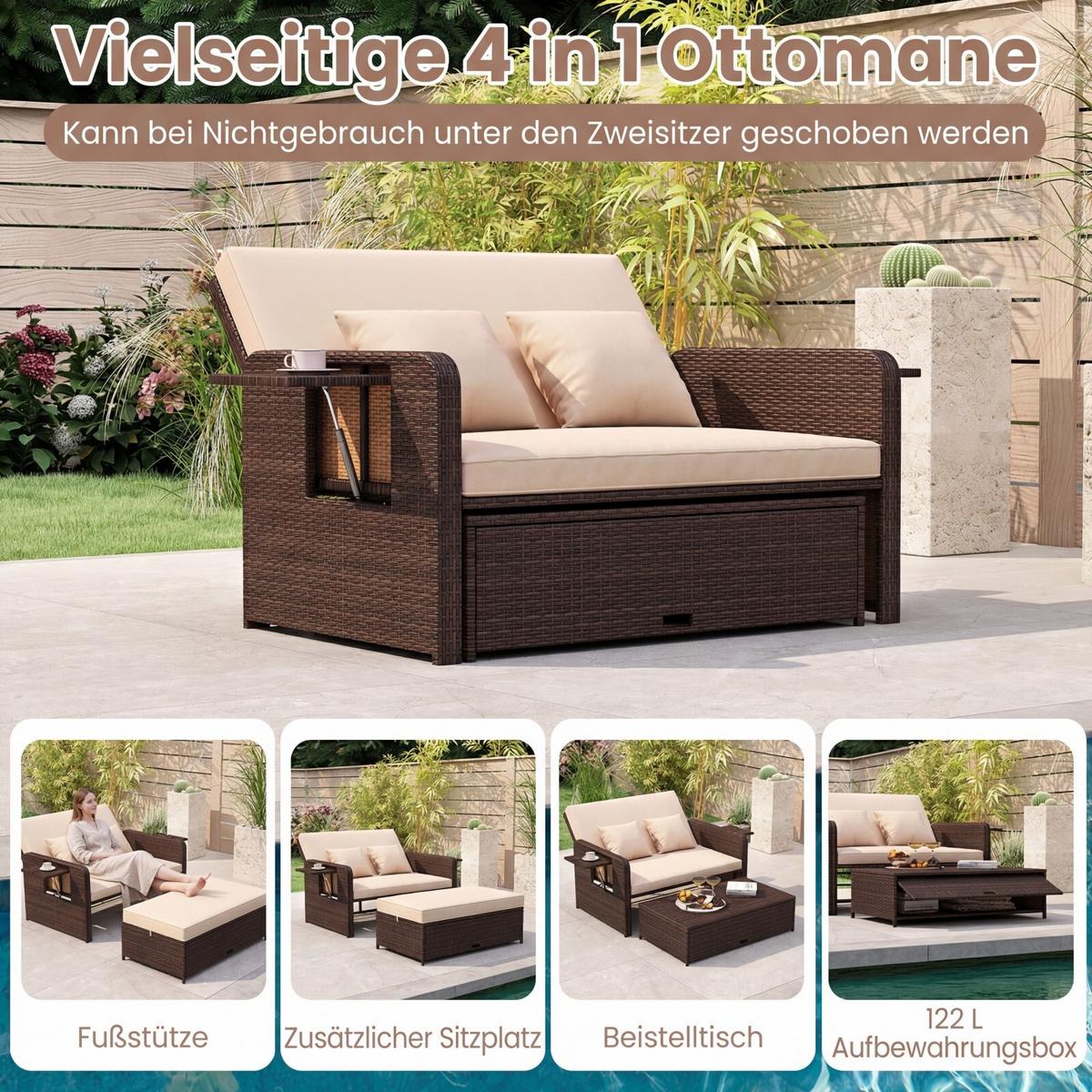 SONNENLIEGE mit Hocker und Stauraum braun - Braun, Metall (166/55/111cm) - COSTWAY
