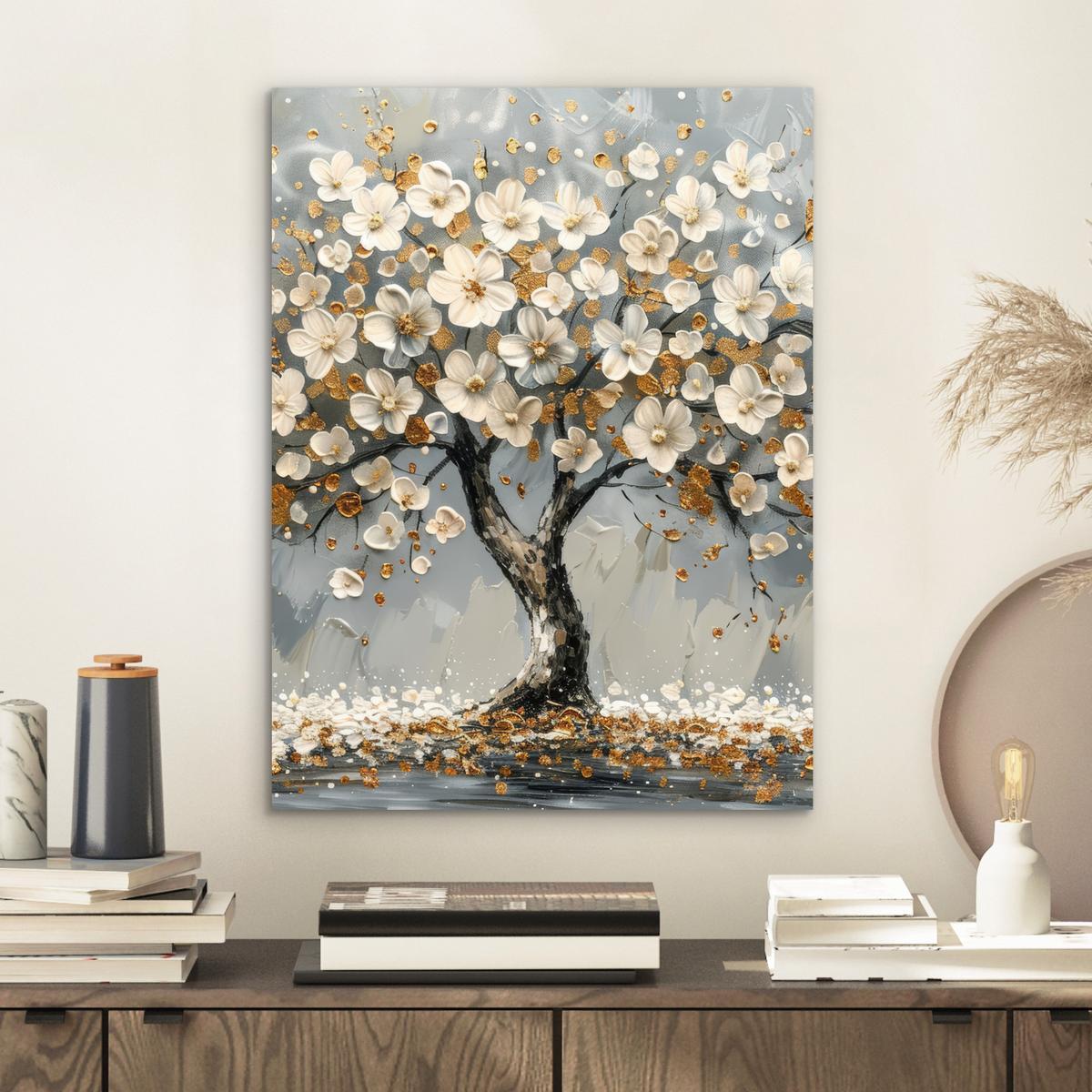 METALLBILD Baum - Blumen - Weiß - Natur - Kunst 30x40 cm - Weiß, Metall (30/40cm) - MuchoWow