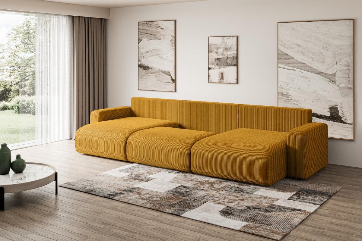 WOHNLANDSCHAFT mit Schlaffunktion und Bettkasten KLEEA-U - 347x143x83 cm Senfgelb Cord - Gelb/Schwarz, Holzwerkstoff/Kunststoff (347/83/143cm) - ALTDECOR