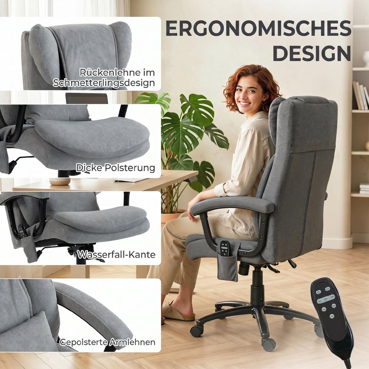 BÜROSTUHL mit Massagefunktion aus Polyester Grau - Schwarz/Grau, Textil/Metall (70.5/122/76cm) - HOMCOM