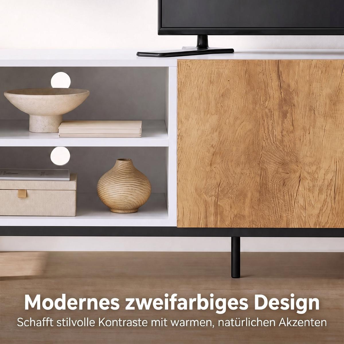 TV-SCHRANK Spanplatte Stahl Weiß - Eichefarben/Weiß, Holzwerkstoff/Metall (140/50/36.5cm) - HOMCOM