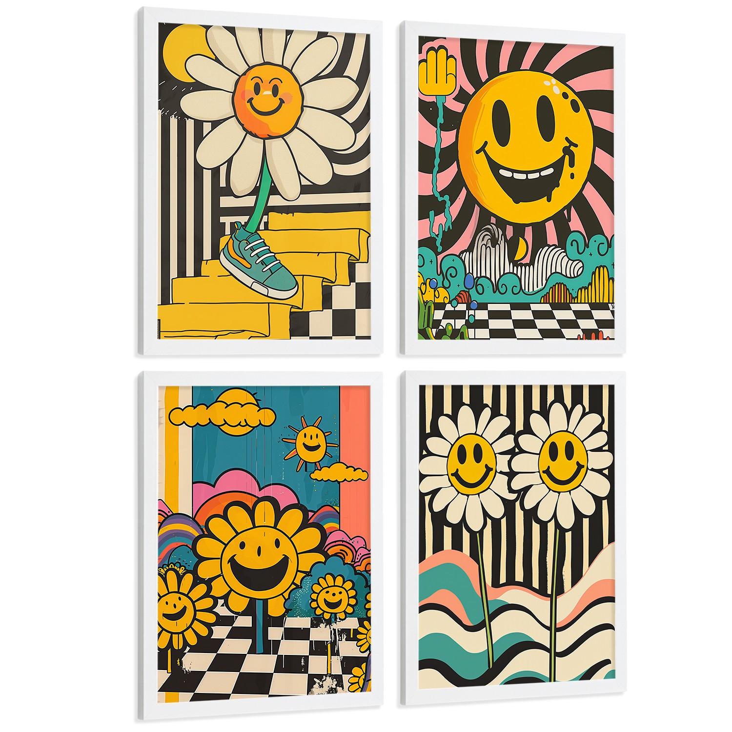 POSTER 4er Kunstdruck-Set Wandbilder Smiley Acid House modern Wohnzimmer Deko, Schlafzimmer, Küche, Badezimmer Weißer Rahmen A4 - Weiß, Papier (29.7/1/21cm) - Nacnic