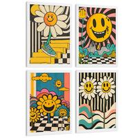 POSTER 4er Kunstdruck-Set Wandbilder Smiley Acid House modern Wohnzimmer Deko, Schlafzimmer, Küche, Badezimmer Weißer Rahmen A4 - Weiß, Papier (29.7/1/21cm) - Nacnic