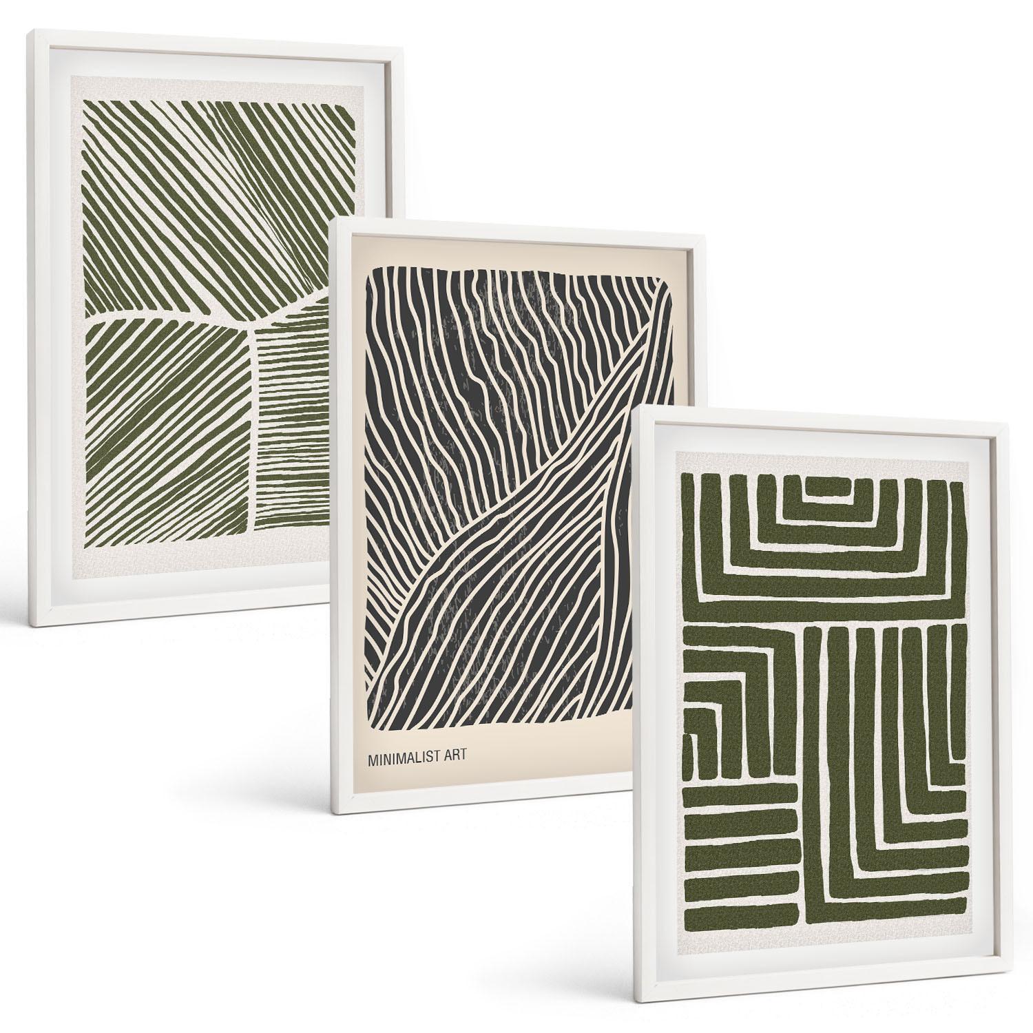 BILDER SET 3er Set - 40x60 cm Weißer Rahmen - Muster Linien Formen grün - Weiß, Kunststoff (40/60cm) - TULUP