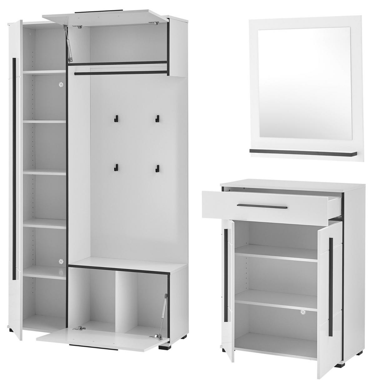 GARDEROBEN-SET weiß Hochglanz 4-teilig 200 cm, Flurgarderobe mit viel Stauraum - Dunkelgrau/Weiß Hochglanz, Glas/Holzwerkstoff (201/200/39cm) - Furn.Design