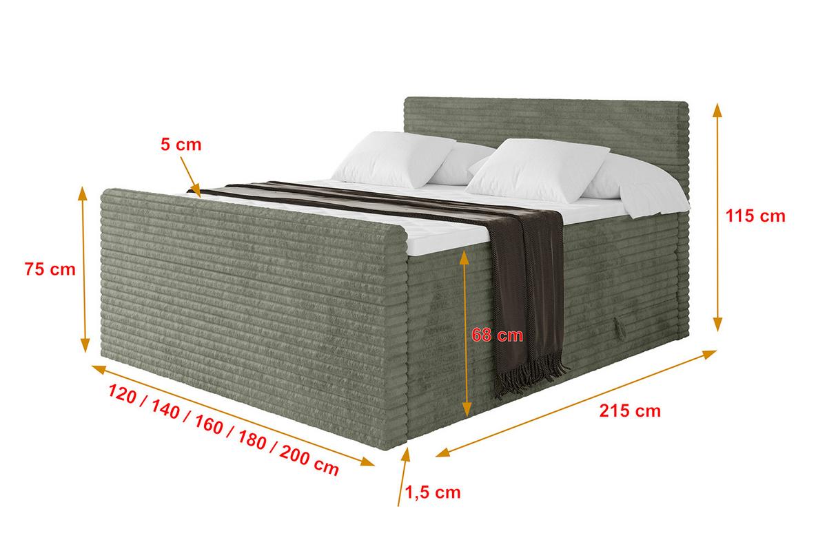 BOXSPRINGBETT mit Matratze H3|H4 und Lattenrost - TOLO-Z KING-v1 120x200 Cord - Olive - Olivgrün, Holzwerkstoff (120/200cm)