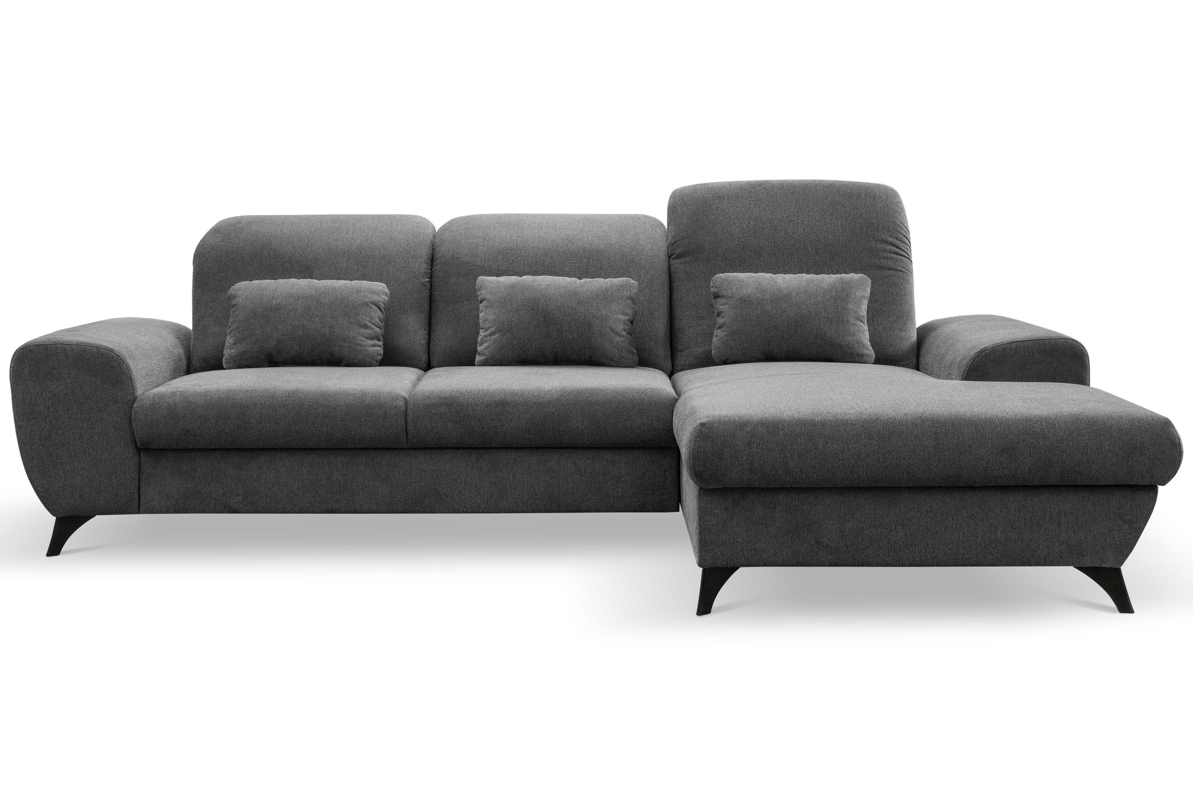 ECKSOFA LUCE R-S Grau Plüsch-Stoff mit Schlaffunktion - Grau, Holz (279/172cm) - MASSENO