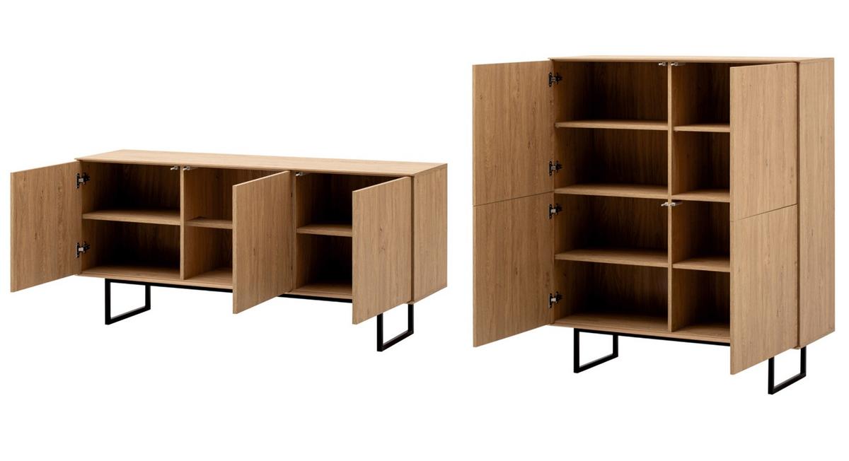 WOHNWAND Stone Eiche, Wohnkombination 2-teilig 280 cm, mit Push-to-Open - Eichefarben/Schwarz, Holzwerkstoff/Metall (280/137/40cm) - Furn.Design