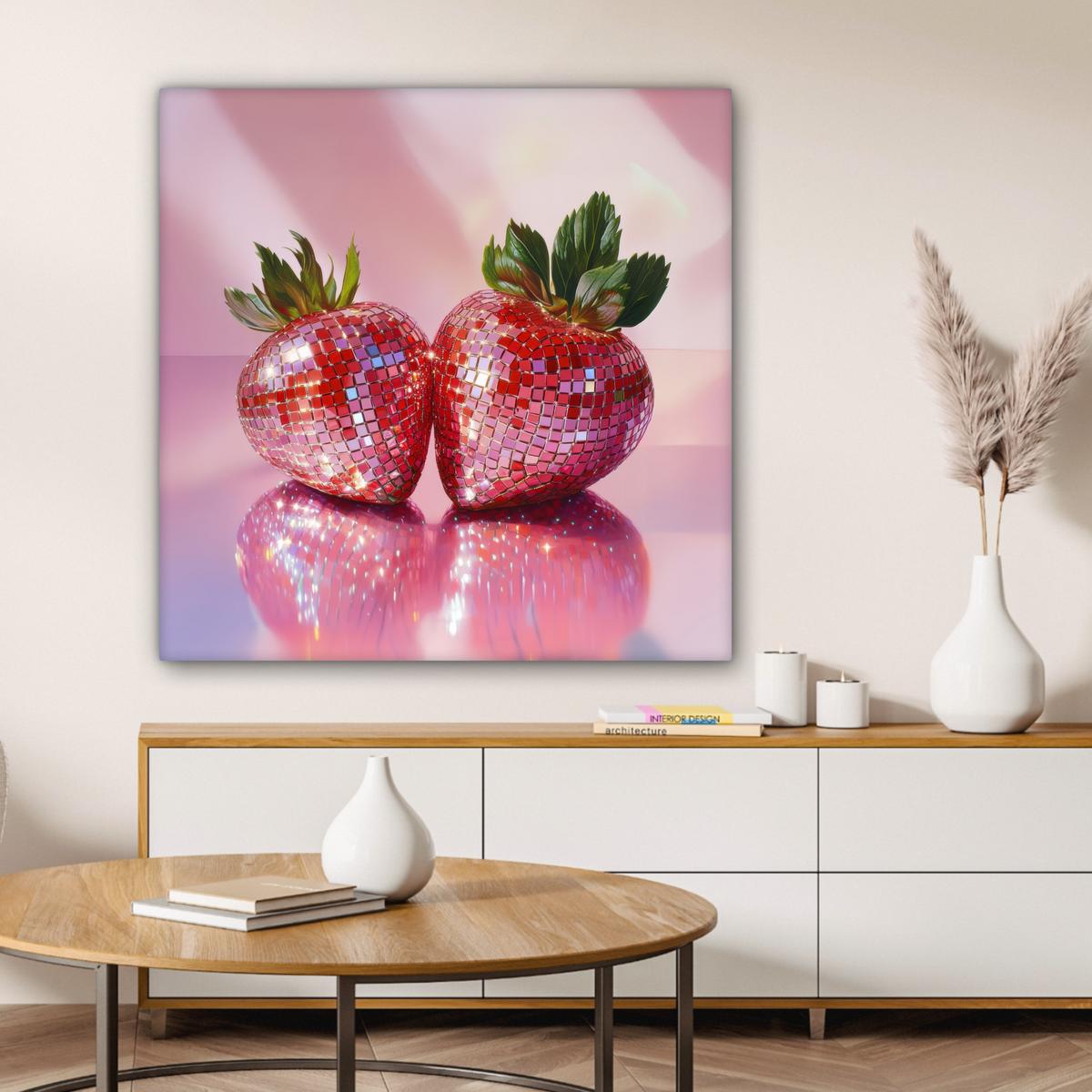LEINWANDBILD Disco - Obst - Glitzer - Erdbeere Deko Groß 90x90 cm - Pink, Textil (90/90cm) - MuchoWow