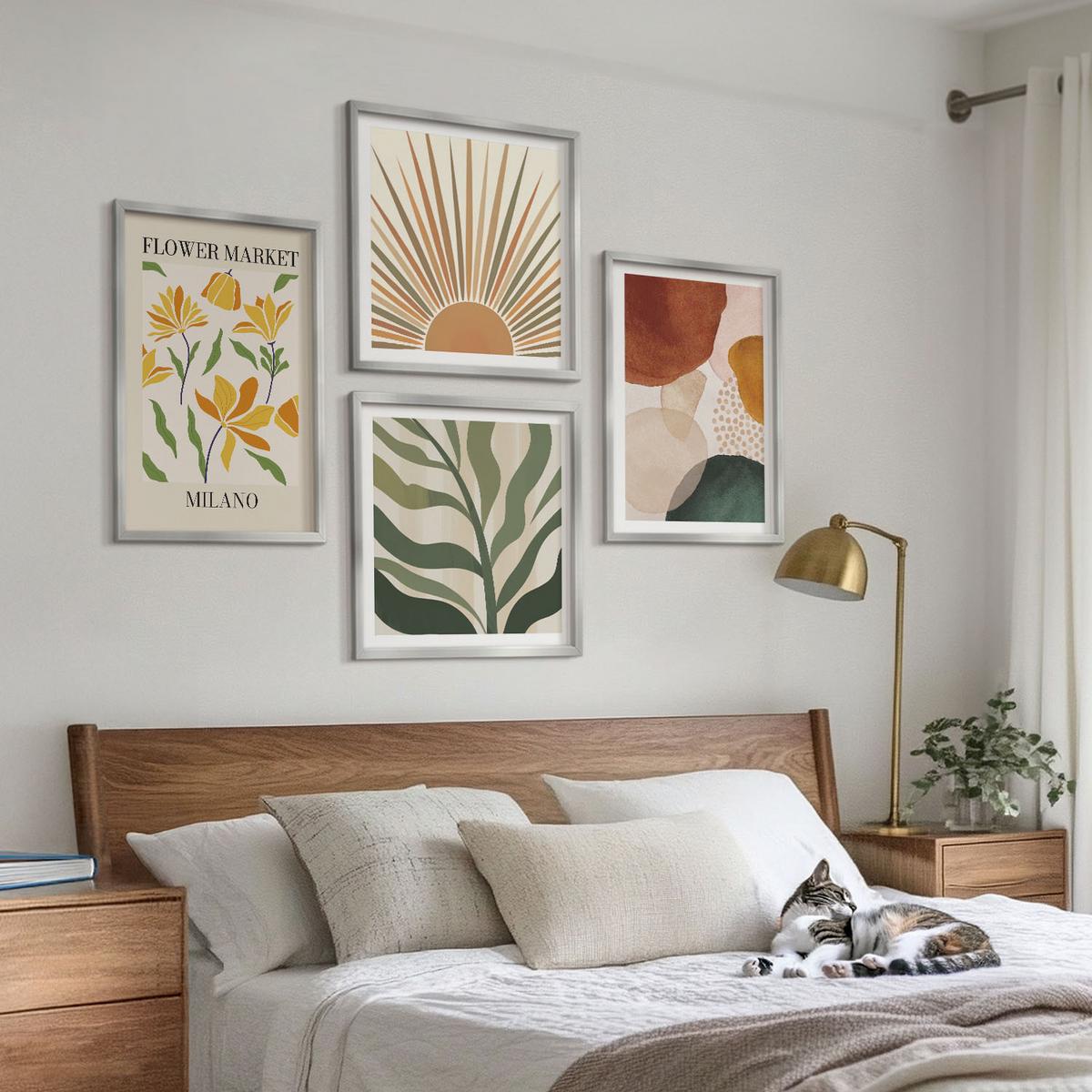 BILDER SET 4er Set - 50x50 cm & 40x60 cm Silberner Rahmen - Abstrakte Blumenmotive - Silberfarben, Kunststoff (50/50cm) - TULUP