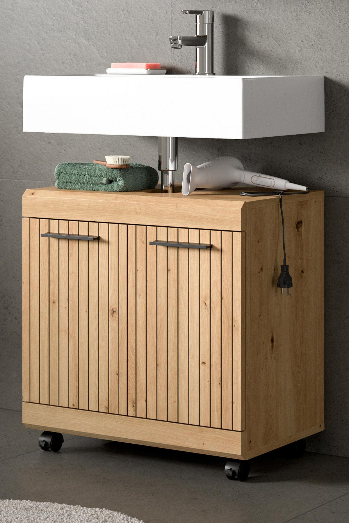 WASCHBECKENUNTERSCHRANK Eiche Artisan 60 cm, Badezimmer Unterschrank auf Rollen - Schwarz/Eiche Artisan, Holzwerkstoff/Kunststoff (60/60/34cm) - Inn.Furn