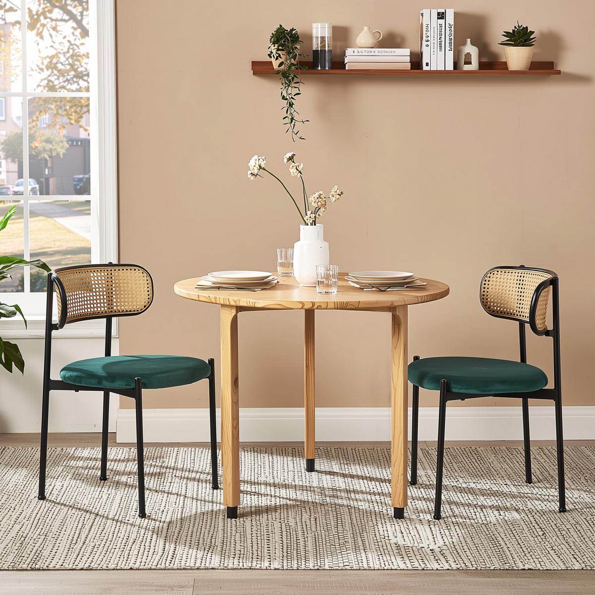 ESSZIMMERSTUHL Set 2er Grün Samt & Rattan Polsterstuhl mit Metallbeinen - Grün, Textil (51/75/51cm) - Urban Meuble