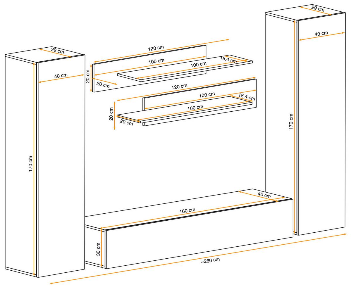 WOHNWAND Eiche Jackson 5-teilig 260 cm, Schrankwand hängend mit Push-to-Open - Eichefarben, Holzwerkstoff (260/170/40cm) - Inn.Furn