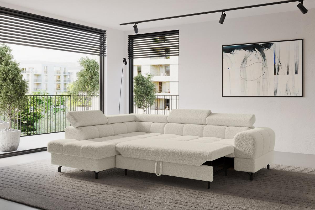 ECKSOFA mit Schlaffunktion Ottomane Links LUMA-L 272x203x70 Beige Bouclé - Sandfarben/Schwarz, Holzwerkstoff/Kunststoff (272/203cm) - ALTDECOR
