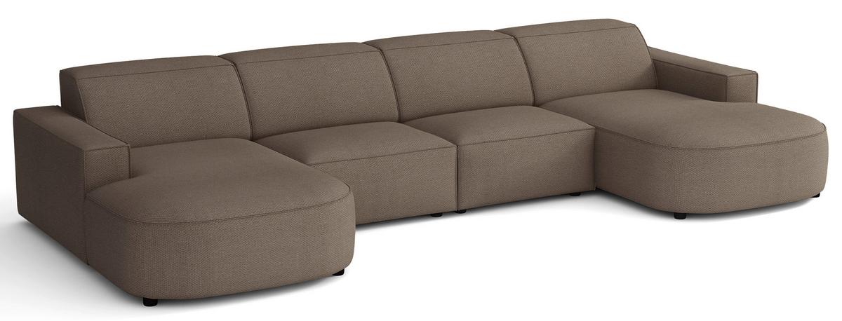 WOHNLANDSCHAFT Sallmo U-Form, universell, 3-Sitzer 374 cm - Hellbraun/Schwarz, Kunststoff/Textil (374/70/166cm) - Selsey