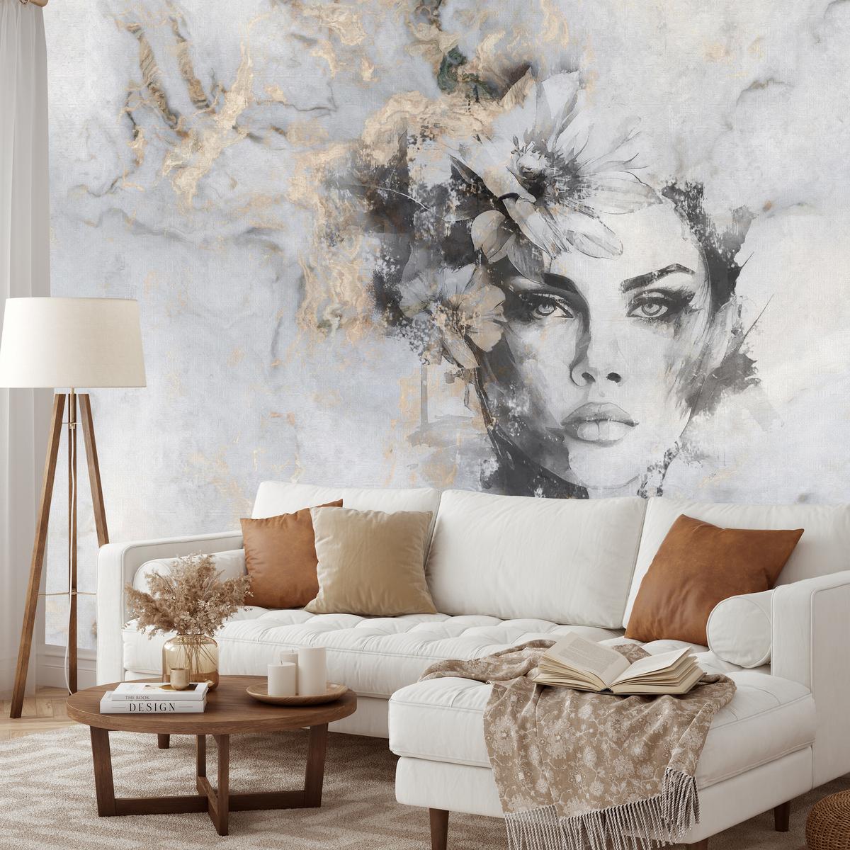 FOTOTAPETE für Wohnzimmer Frau Porträt Beton Blumen Modern 200x140 - Beige/Schwarz, Papier (200/140cm) - Muralo