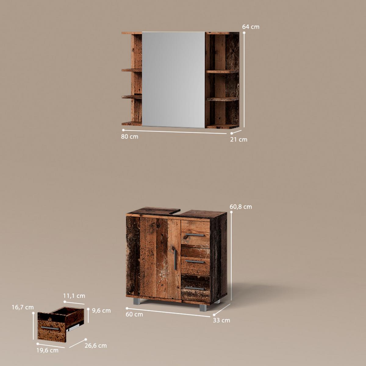 BADMÖBEL-SET Eisak Eiche rustikal 2 Teile - Wildeiche, Holzwerkstoff (60/60/33cm) - Livinity®