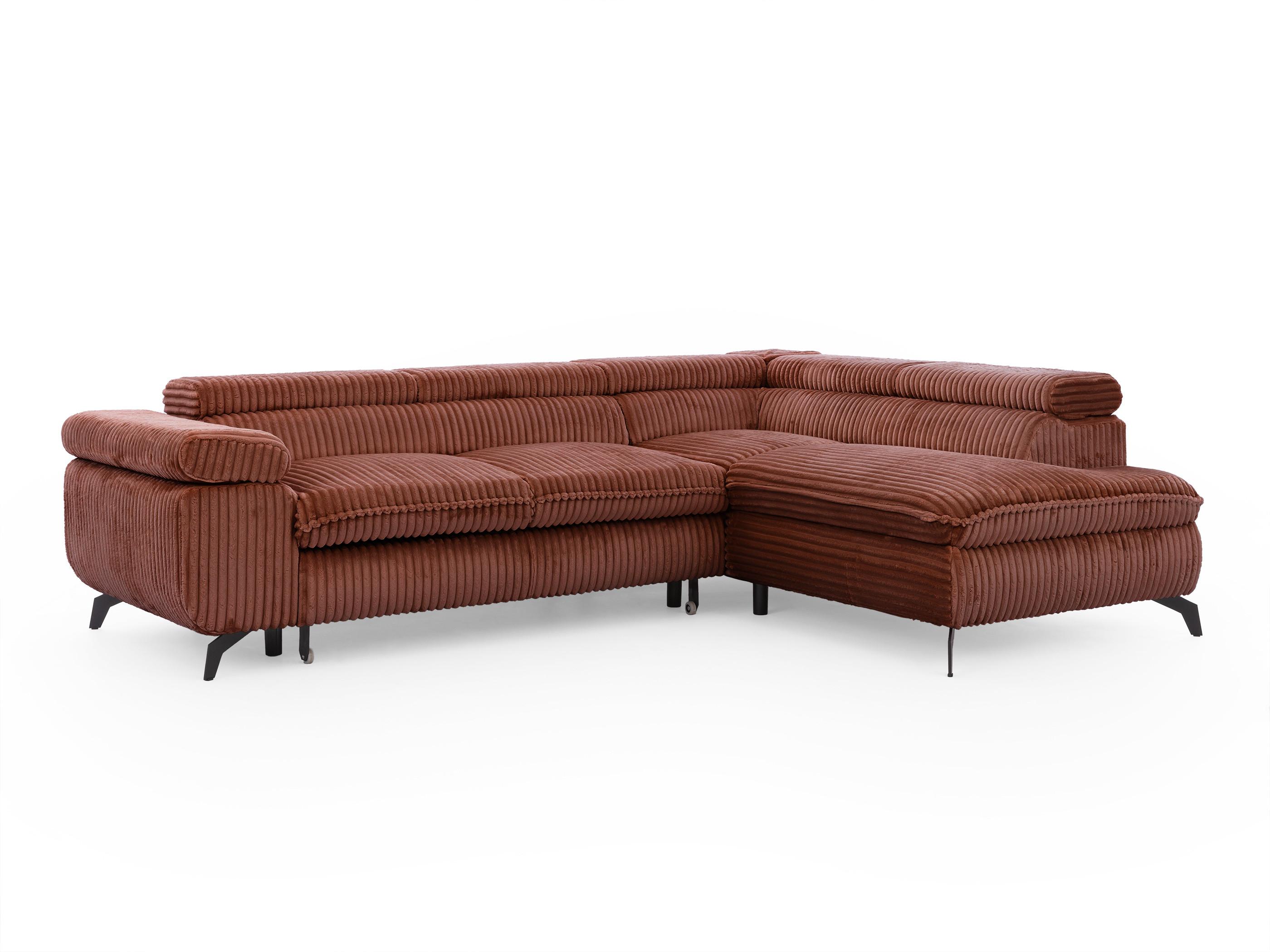 ECKSOFA mit Schlaffunktion und Bettkasten Bonnie aus Terrakotta Cord-Stoff mit verstellbaren Kopfstützen und Armlehne - Ottomane rechts - Terracotta/Schwarz, Holz/Textil (275/210cm) - S-Style Möbel
