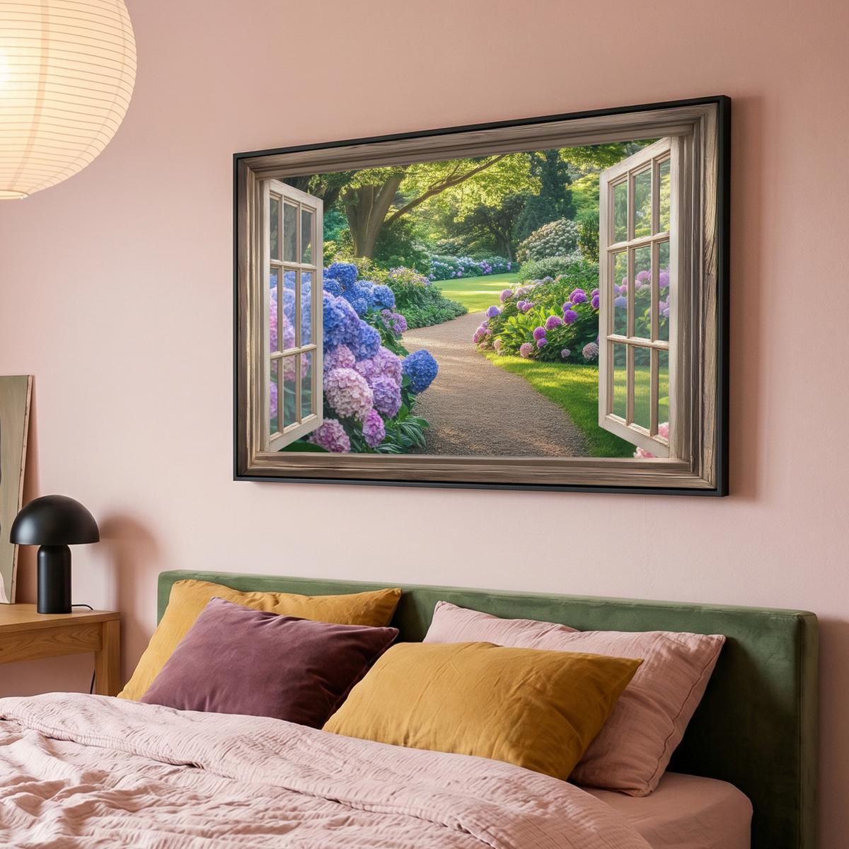 LEINWAND Bilder mit Rahmen - Aussicht - Garten - Fenster - Hortensie - Blumen - 120x80 - Pastellblau, Textil (120/80cm) - MuchoWow