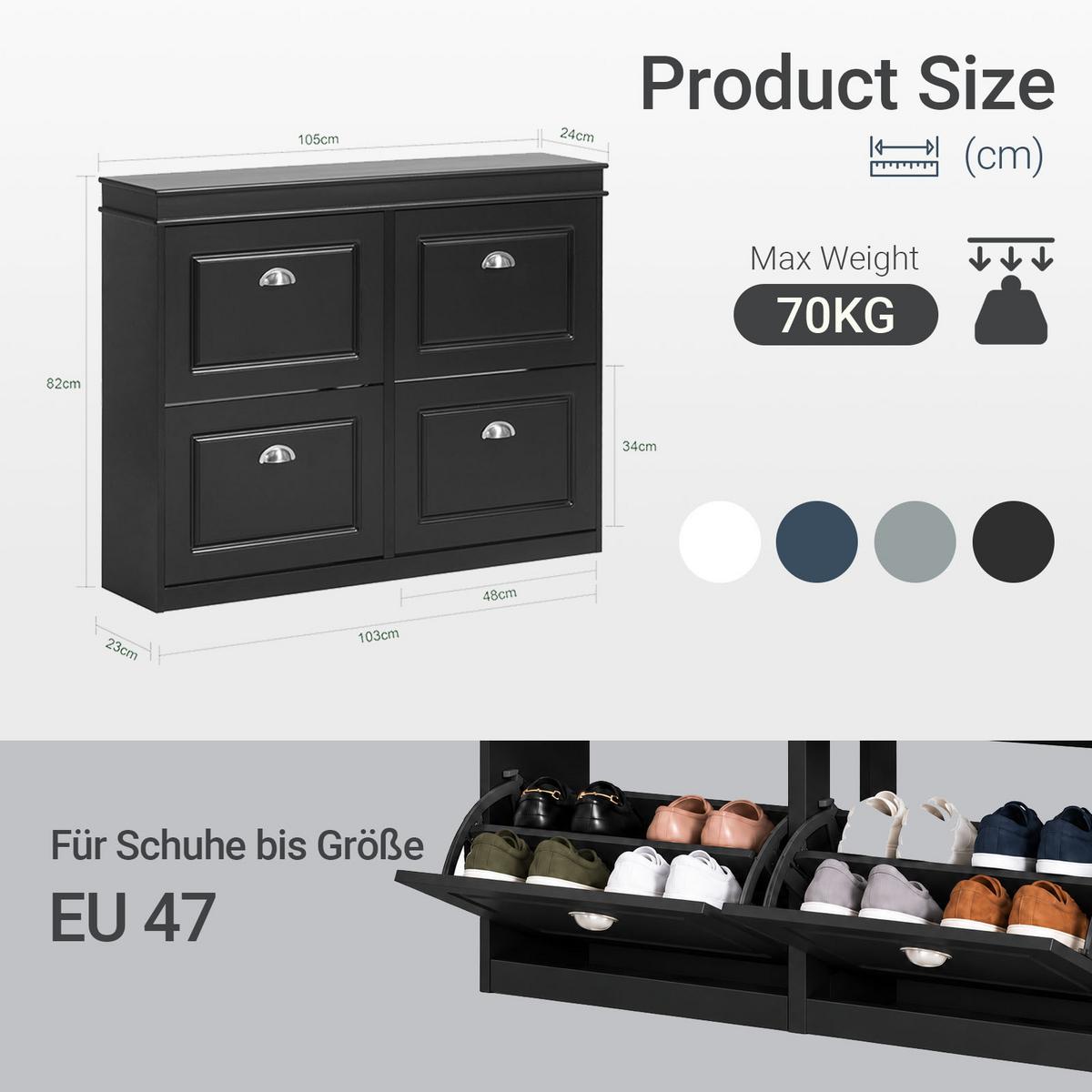 SCHUHSCHRANK schwarz, nur 24 cm tief, 4 Klappen für 16 Paar, für schmale Flure & hinter der Tür - Schwarz, Holzwerkstoff (105/82/24cm) - SoBuy