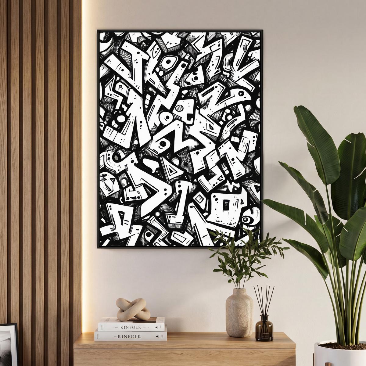 LEINWAND Bilder mit Rahmen - Formen - Buchstaben - Graffiti - Schwarz - 70x100 - Schwarz, Textil (70/100cm) - MuchoWow
