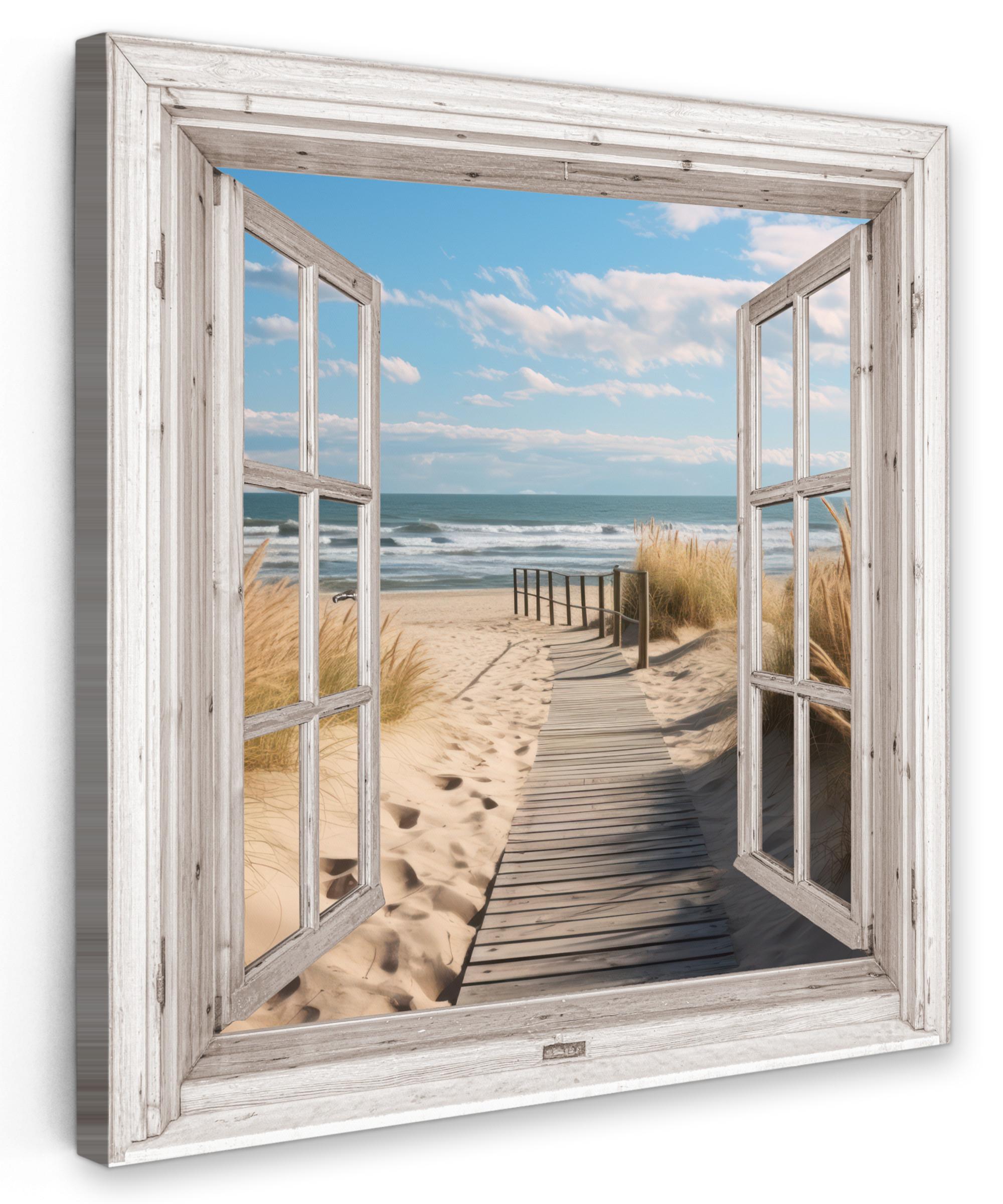 LEINWANDBILD Fenster - Meer - Küste - Natur - Ausblick - Strand - Wattenmeer Wandbild Wohnzimmer 50x50 cm - Beige, Textil (50/50cm) - MuchoWow