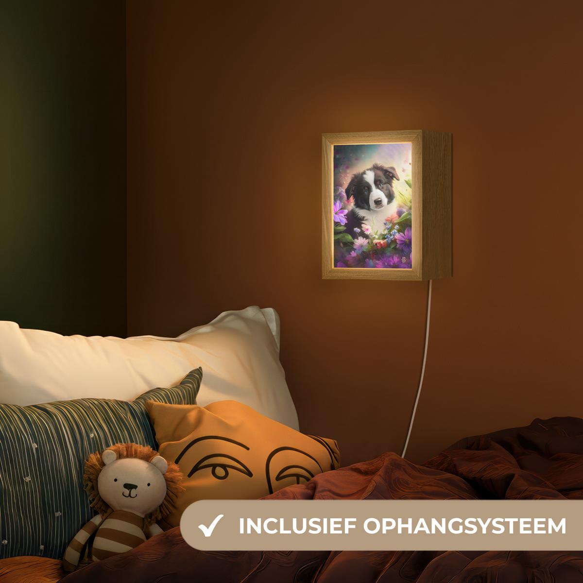 NACHTTISCHLAMPE Welpe - Sonne - Blumen - Natur - Border Collie - Hund 15x20 cm - Violett, Holzwerkstoff (8/15/20cm) - OnlyWow