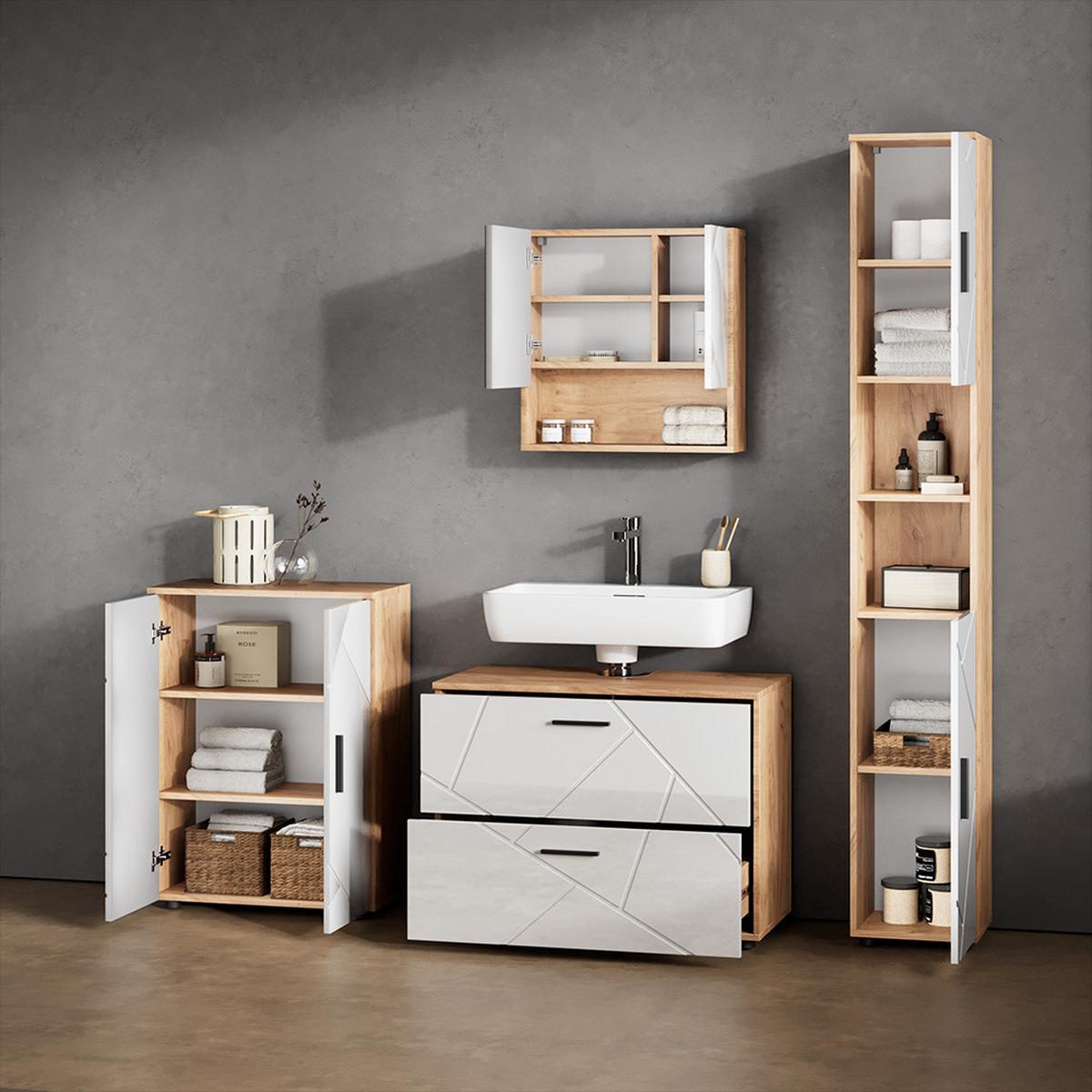 BADMÖBEL-SET Ronco Weiß Hochglanz/Goldkraft Eiche 4 Teile, mit Schubladenschrank und Midischrank - Honigeiche/Weiß Hochglanz, Holzwerkstoff (80/58/41cm) - Livinity®