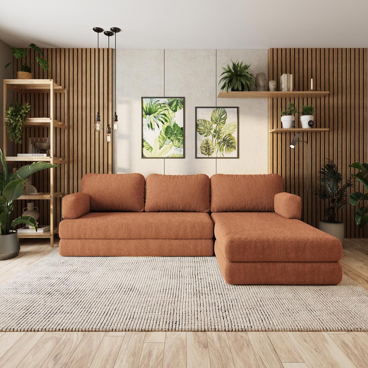 ECKSOFA LEA modulares Boneless Sofa mit Schlaffunktion Orange Boucle-Stoff - Orange, Textil (270/160cm) - MASSENO