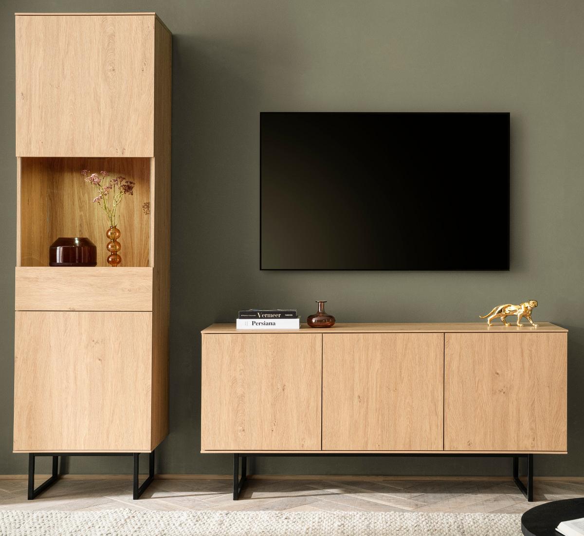 WOHNWAND Stone Eiche, Wohnkombination 2-teilig 220 cm, mit Push-to-Open - Eichefarben/Schwarz, Holzwerkstoff/Metall (220/200/40cm) - Furn.Design