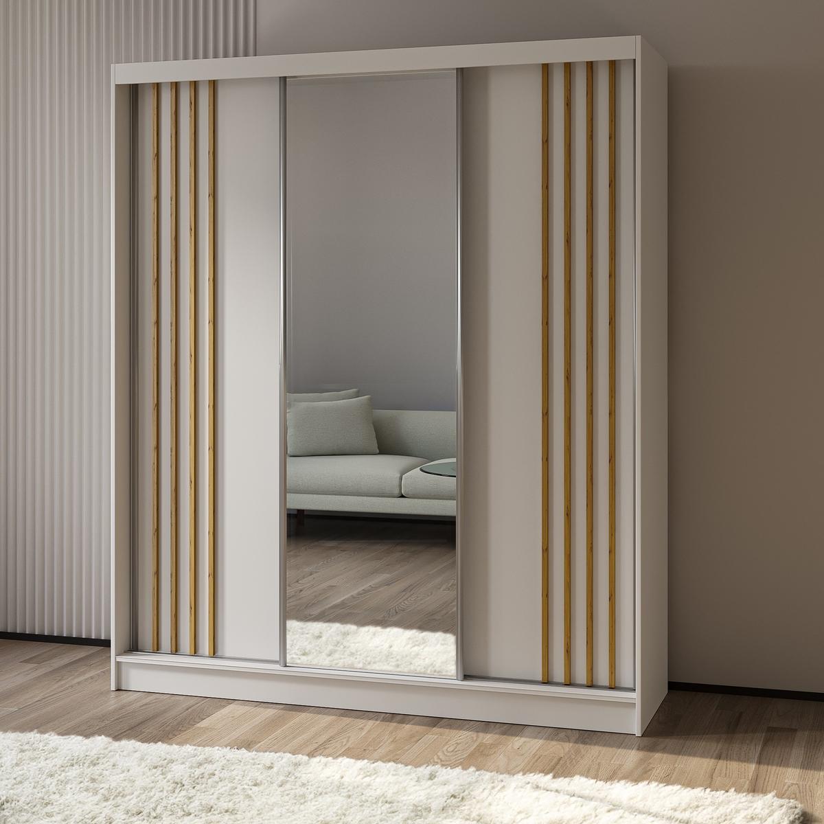 SCHWEBETÜRENSCHRANK NELVIA 180/216/61 cm 3-türig mit Spiegel Weiß - Weiß, Holzwerkstoff (180/216/61cm) - MASSENO