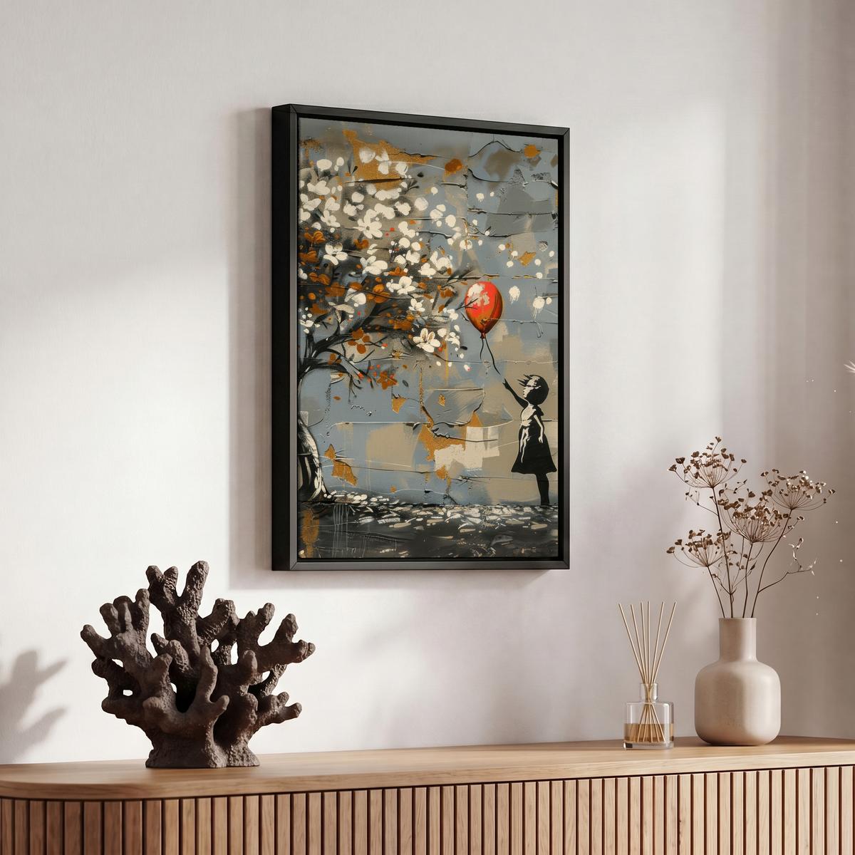 LEINWAND Bilder mit Rahmen - Baum - Graffiti - Banksy-Stil - Ballon-Mädchen - 20x30 - Blaugrau, Textil (20/30cm) - MuchoWow