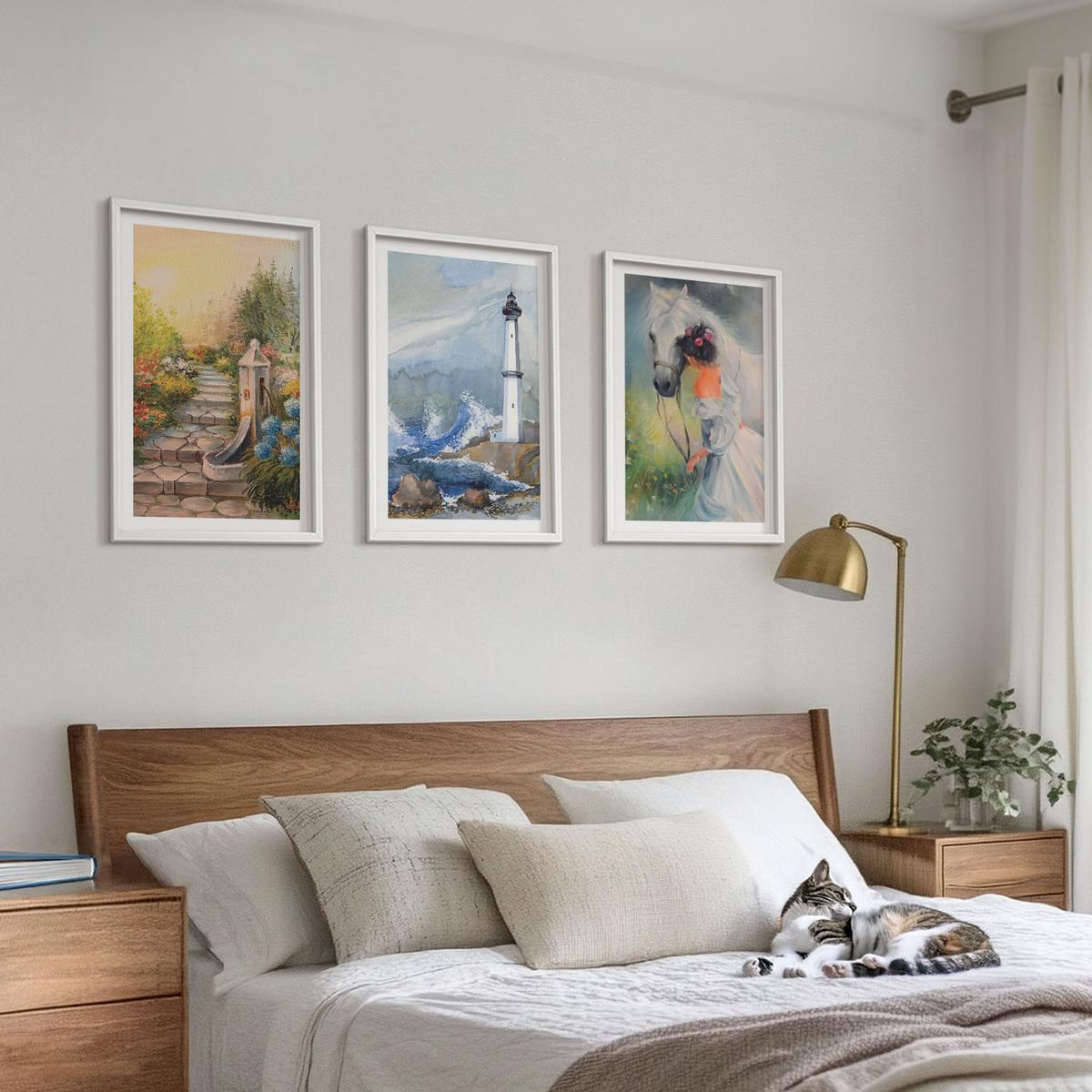 BILDER SET 3er Set - 40x60 cm Weißer Rahmen - Landschaft Leuchtturm Pferd Mädchen - Weiß, Kunststoff (40/60cm) - TULUP