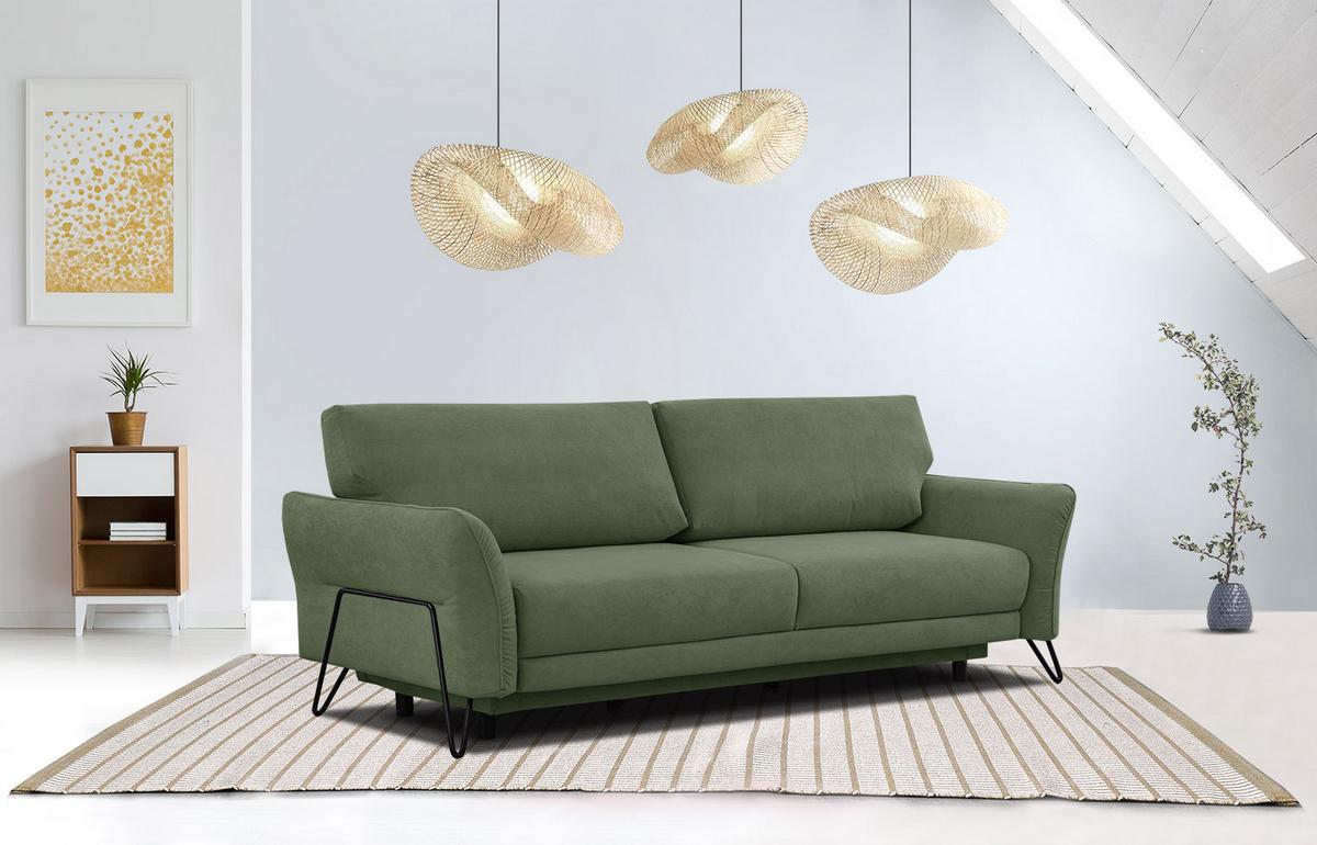 SOFA LOREM 3-Sitzer mit Schlaffunktion, grün - Schwarz/Grün, Holz/Textil (232/90/107cm) - Wozimo
