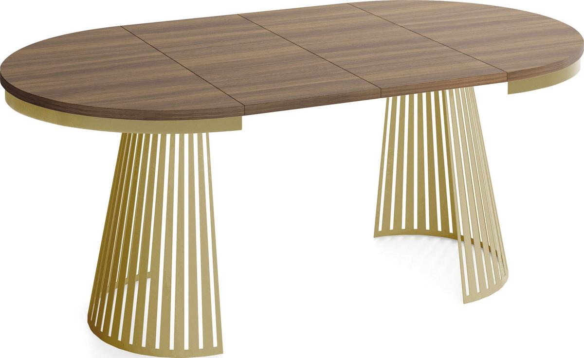 ESSTISCH Naro rund ausziehbar mit Goldem Lamellen-Metallgestell, Walnuss Braun 100-180/100/76 cm - Goldfarben/Walnussfarben, Holzwerkstoff/Metall (100/180/76cm) - WFL GROUP
