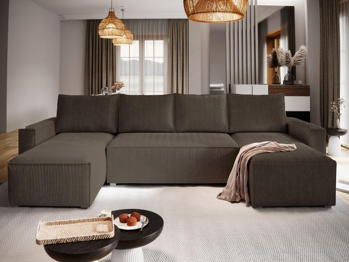 WOHNLANDSCHAFT ASPRA Braun Kordstoff mit Schlaffunktion - Braun/Grau, Holz/Kunststoff (295/85/140cm) - MASSENO