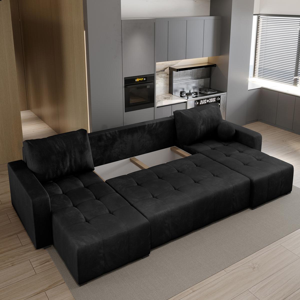 WOHNLANDSCHAFT TOLARI Schwarz Plüsch-Stoff mit Schlaffunktion - Schwarz, Holz (295/85/140cm) - MASSENO