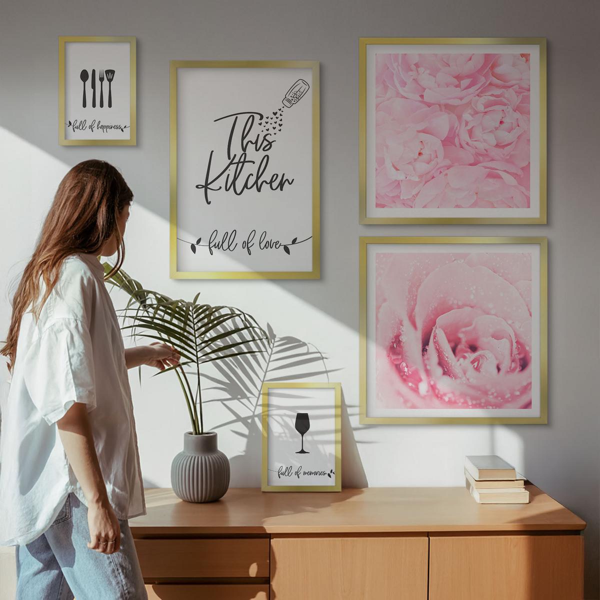 BILDER SET 5er Set - 50x50 cm & 20x30 cm & 40x60 cm Goldrahmen - Zen-Gemälde, Wassersteine, Buddha - Goldfarben, Kunststoff (40/60cm) - TULUP