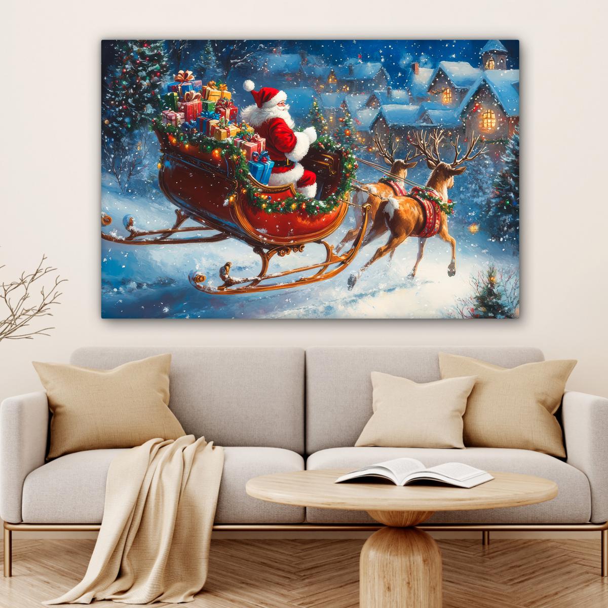 LEINWANDBILD Weihnachtsmann - Rentier - Weihnachten - Schnee XXL 150x100 cm - Cognac, Textil (150/100cm) - MuchoWow